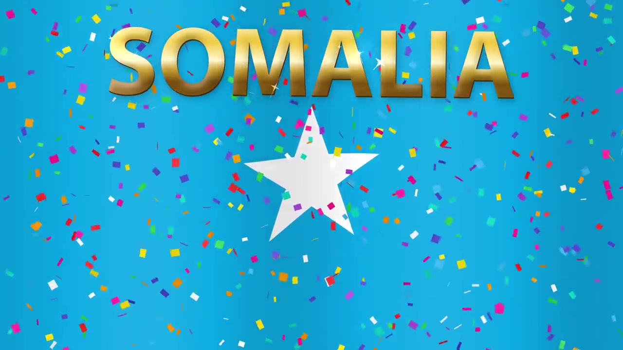 Sfondo animato con bandiera della Somalia e texture di tessuto ondeggiante, testo dorato e coriandoli festivi che cadono