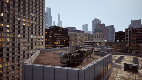 black war chopper in the city