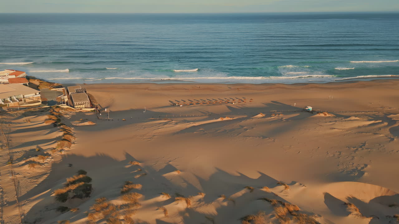 Marine neighbourhood ocean coast at summer. Drone panorama cozy beach complex