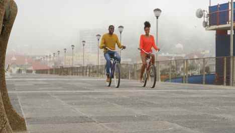Front-view-of-black-young-couple-riding-bicycle-on-promenade-at-beach-on-a-sunny-day-4k