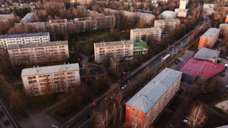 slow aerial motion shows autumn streets and old soviet housing in riga, latvia