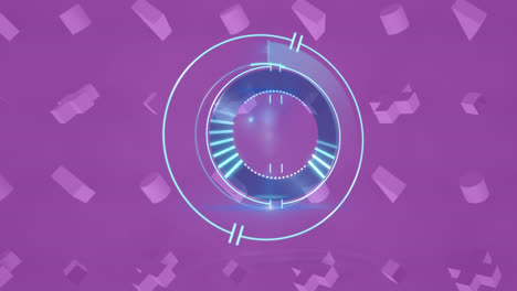 animation of loading circles over 3d symbols and geometric shapes against purple background