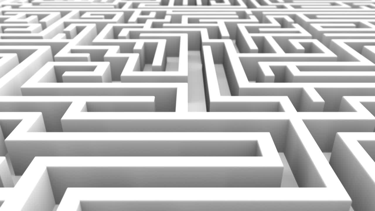 끝없는 미로를 가로질러 끊임없는 비행 창조적 추상 성공, 마케팅, 전략 및 동기 부여 비즈니스 개념: 3d 렌더링 4k 비디오