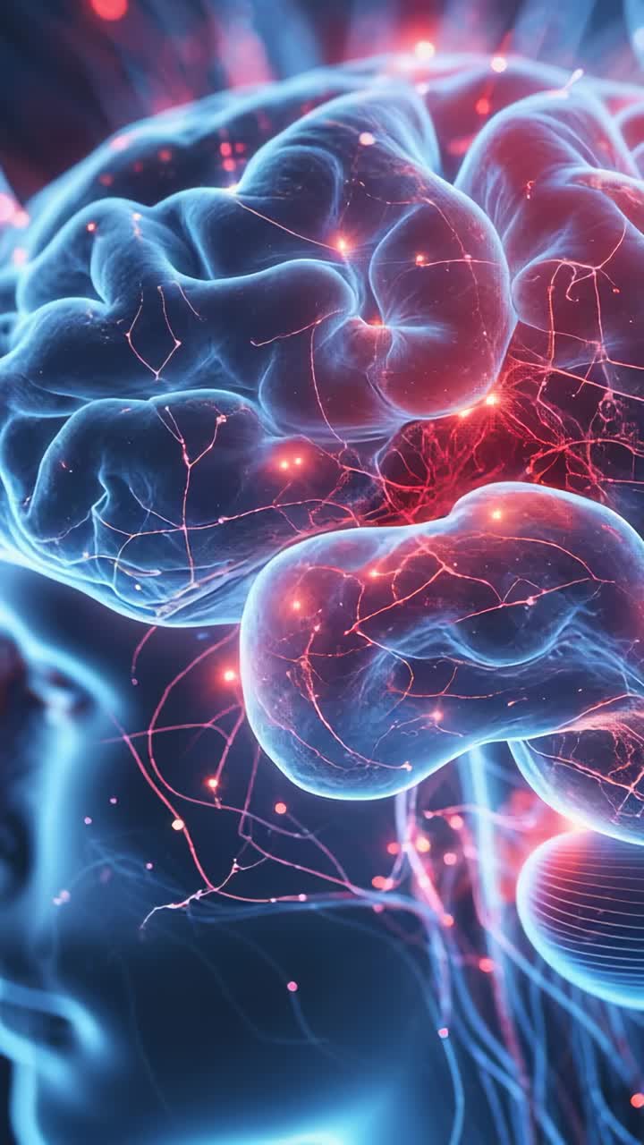 Vertical video: Rotating 3D brain model in dark void as flickering red pulses signaling activity