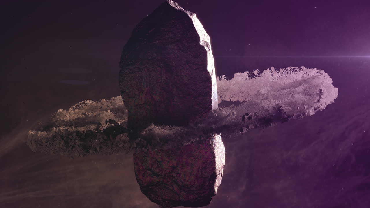 Asteroide Cosmico con Anello di Polvere che Fluttua in una Nebulosa Viola
