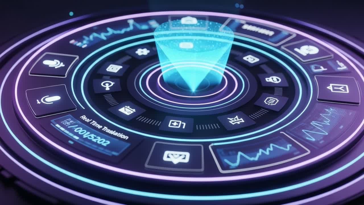 Futuristisk brugergrænseflade med en dynamisk holografisk skærm med datavisualisering i realtid og interaktive elementer, designet til avanceret kommunikation og informationsbehandling.