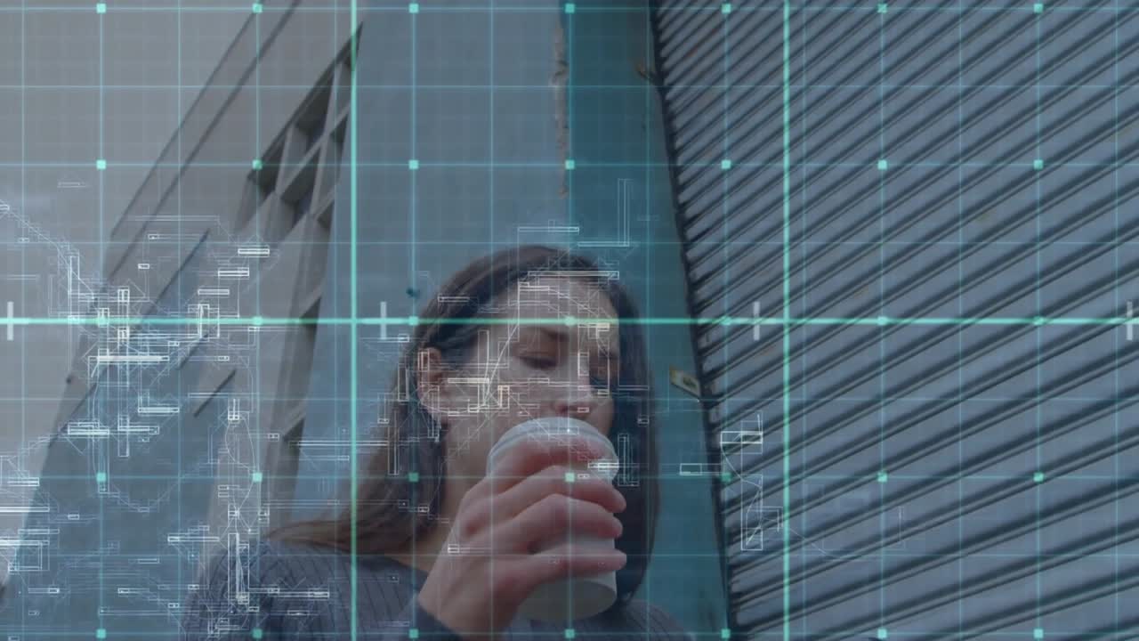 Mid adult man glancing smartphone then sipping coffee cup for refreshment with tech grid overlay