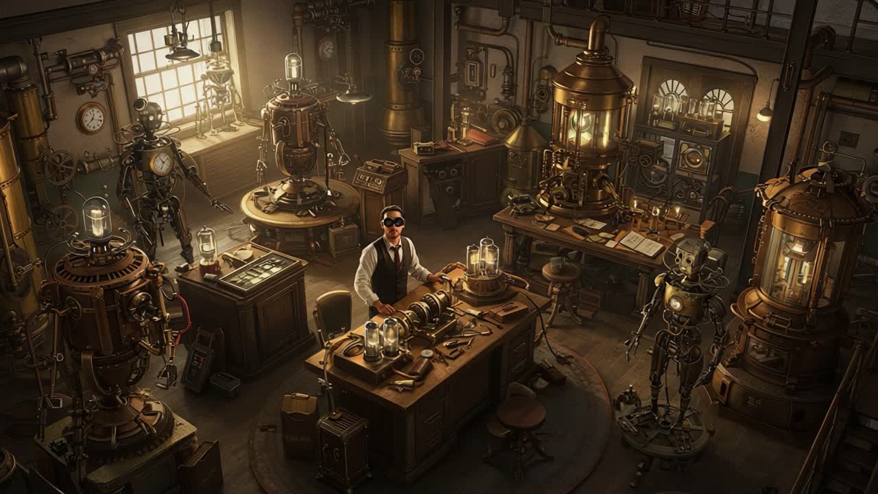 An Inventive Workshop Full of Steampunk Robotics and Mechanisms Captured in a Creative Scene of Innovation and Craftsmanship