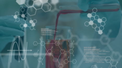 animation of data processing and chemical formula over caucasian female scientist