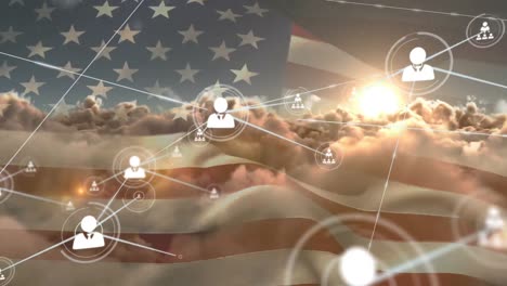 Animation-of-network-of-connections-with-icons-over-flag-of-united-states-of-america-and-clouds