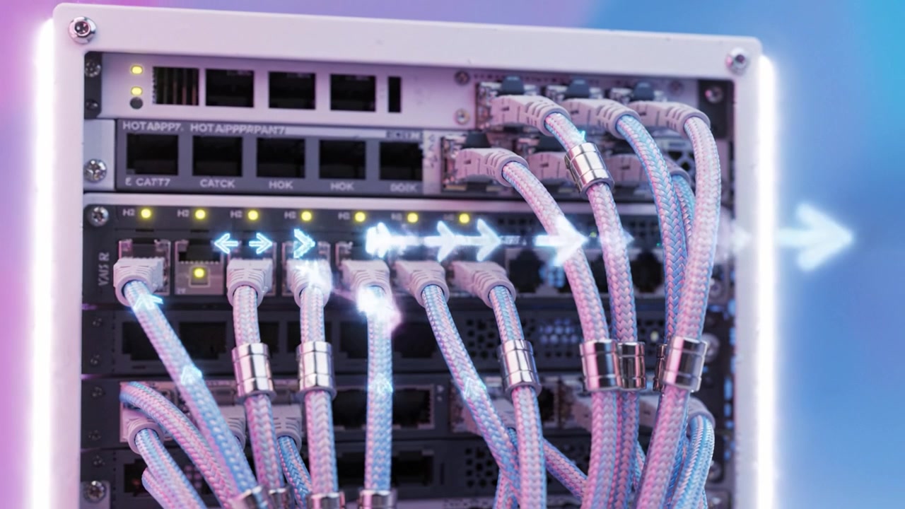 A Close-Up on a Modern Network Rack with Colorful Cables and Ports Connecting Various Devices, Displaying a Technological Infrastructure Setup