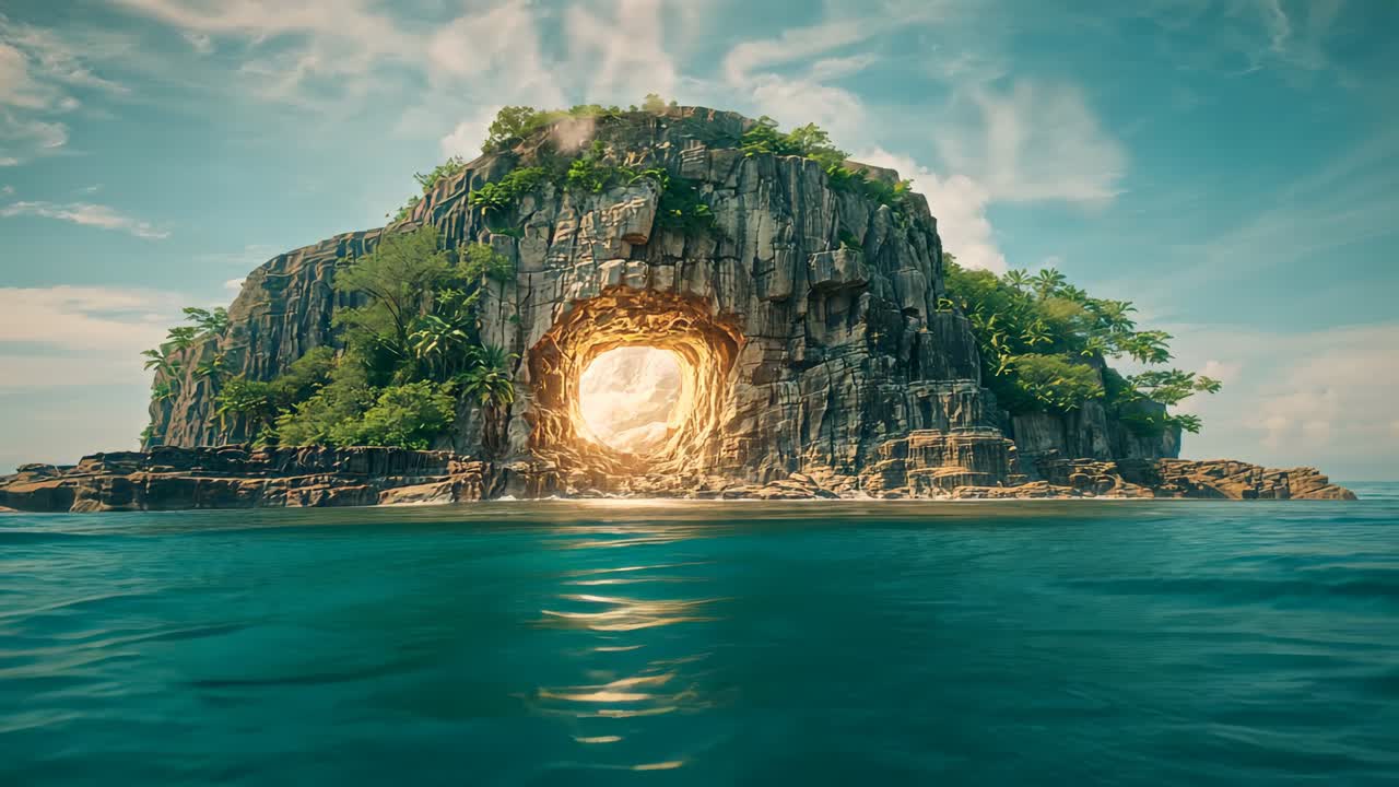 Zooming camera bringing closer view of solitary rocky island at sea as cavern light intensifying