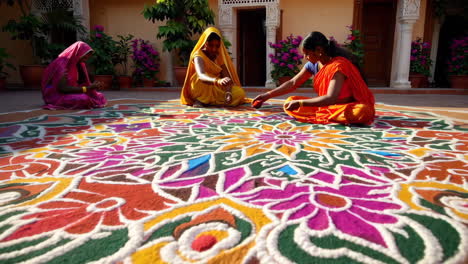 women creating a beautiful rangoli design