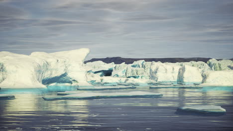 icebergs reflect sunlight on a tranquil water surface in a cold landscape