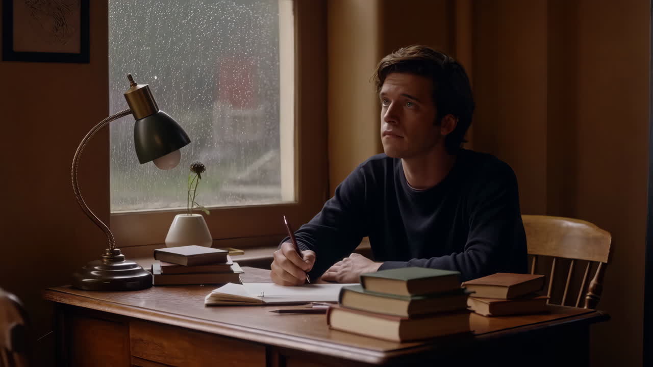 Man writing at desk by window