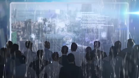 red de conexiones a través de un grupo de personas que ven el procesamiento de datos de la interfaz digital