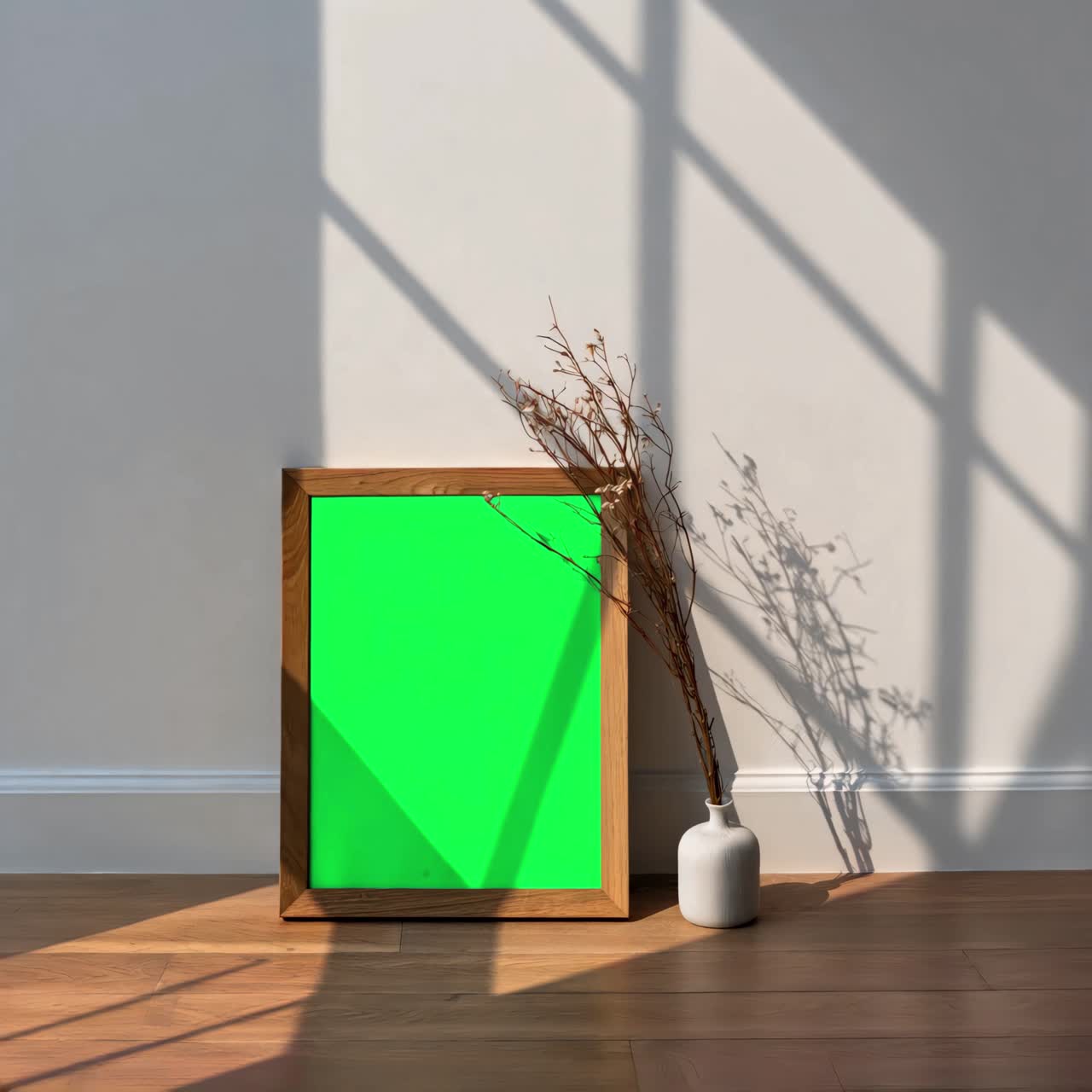 Minimal wood picture frame live mockup animation, transparent 4K video, green screen