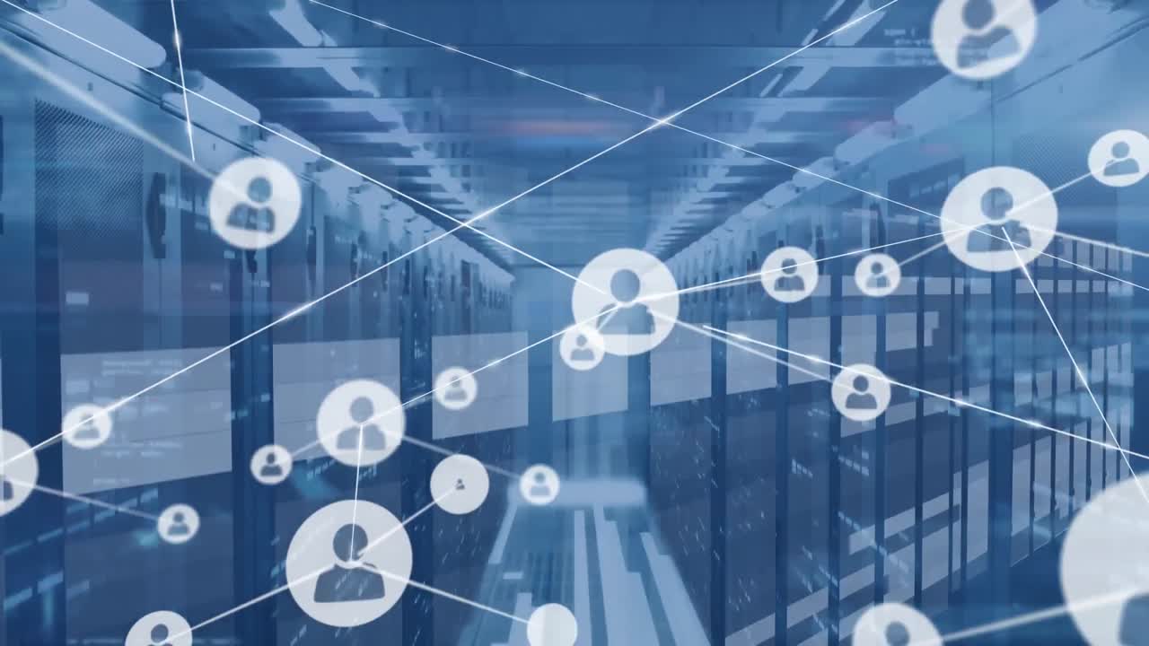 Animation of network of profile icons and data processing against computer server room