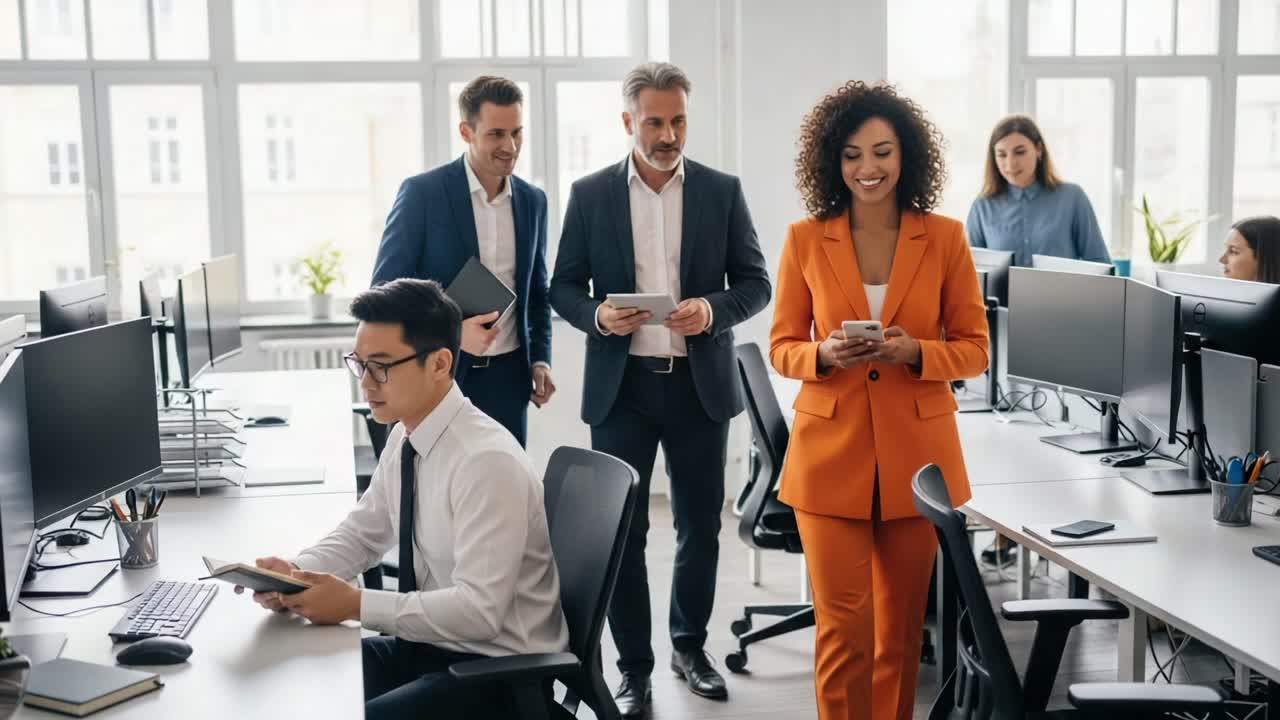 Business Meeting: A Group of Professionals Engaged in Discussion While a Colleague Works at a Desk in a Contemporary Office Environment