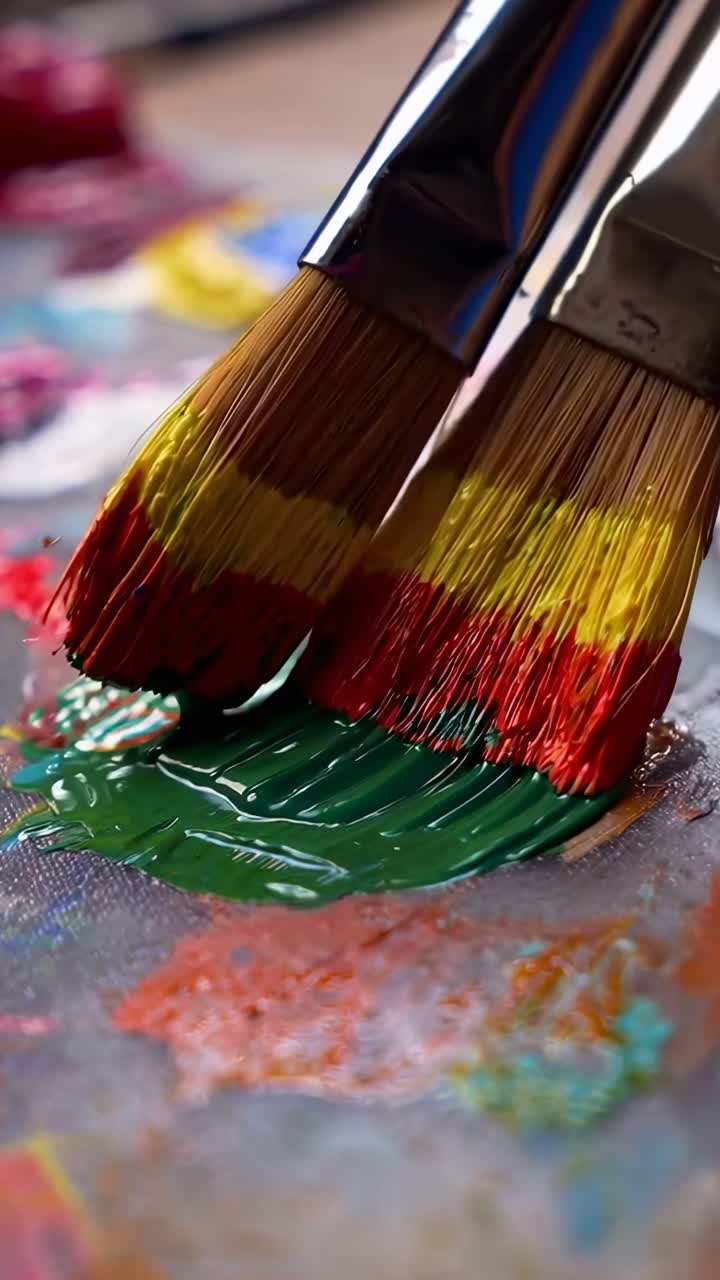 Vídeo em close-up de gotas de tinta vibrantes em uma paleta, destacando a criatividade artística.