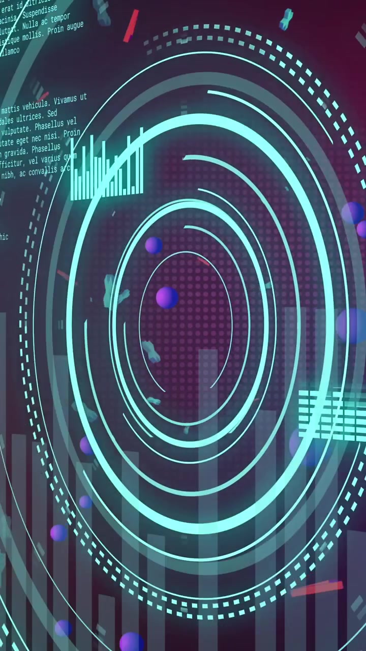 Animation of blue scope and 3d shapes over data processing on dark background