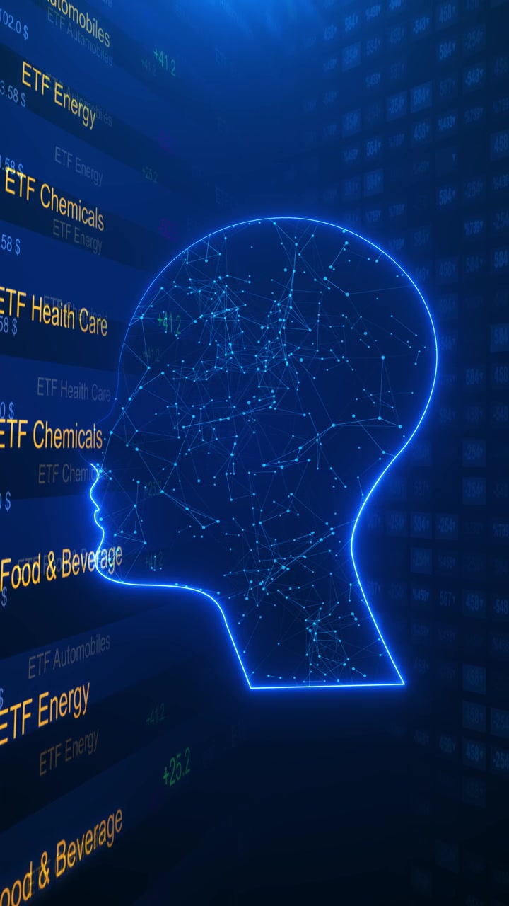 Blue financial intelligence glowing human profile network nodes market numbers and stock data screen