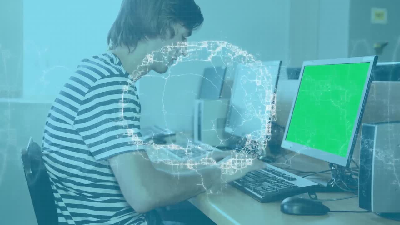 빈 화면으로 컴퓨터를 사용하여 남학생을 중심으로 뇌가 회전하는 애니메이션