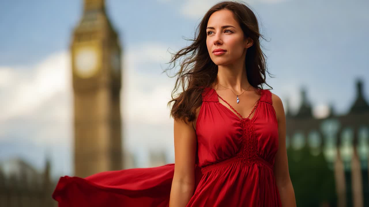 Una giovane donna con un fluente abito rosso è in piedi con sicurezza su uno sfondo cittadino classico, emanando forza ed eleganza mentre i suoi capelli ondeggiano nella brezza leggera