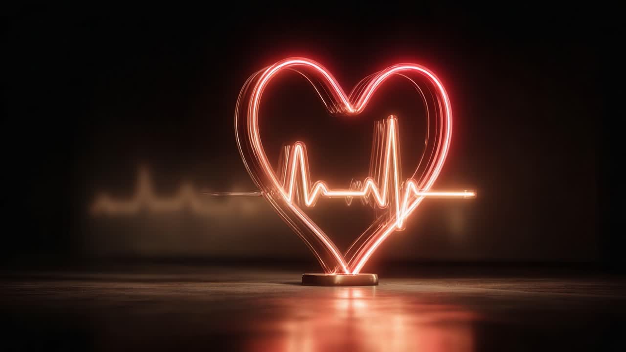 A Glowing Heartbeat: Vibrant Heart Design Accompanied by Pulsating Electrocardiogram Line, Symbolizing Love, Life, and Vitality in a Dark Background