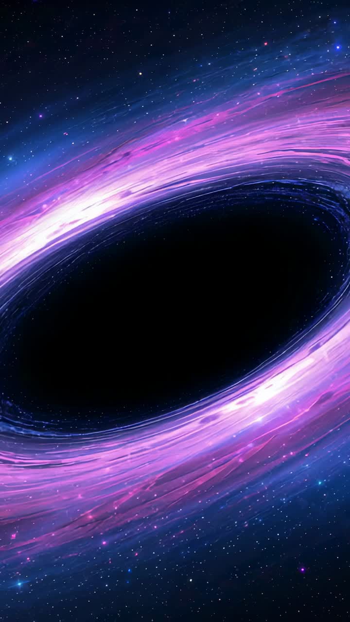 Vertical video: Animation starting, dark void and pink ring rotating in deep space showing orbit