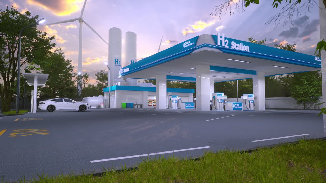 Moderna stazione di rifornimento di idrogeno con auto elettrica e turbine eoliche