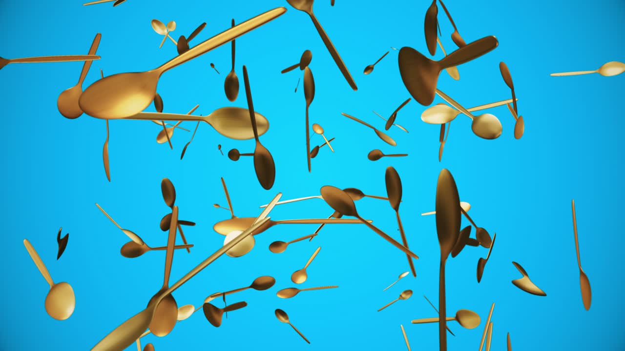 Rotating spoons in golden color on blue