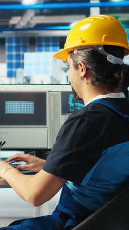 Vertical Video Solar Panels Manufacturing Plant Technician Uses Cad Program To Optimize Layouts