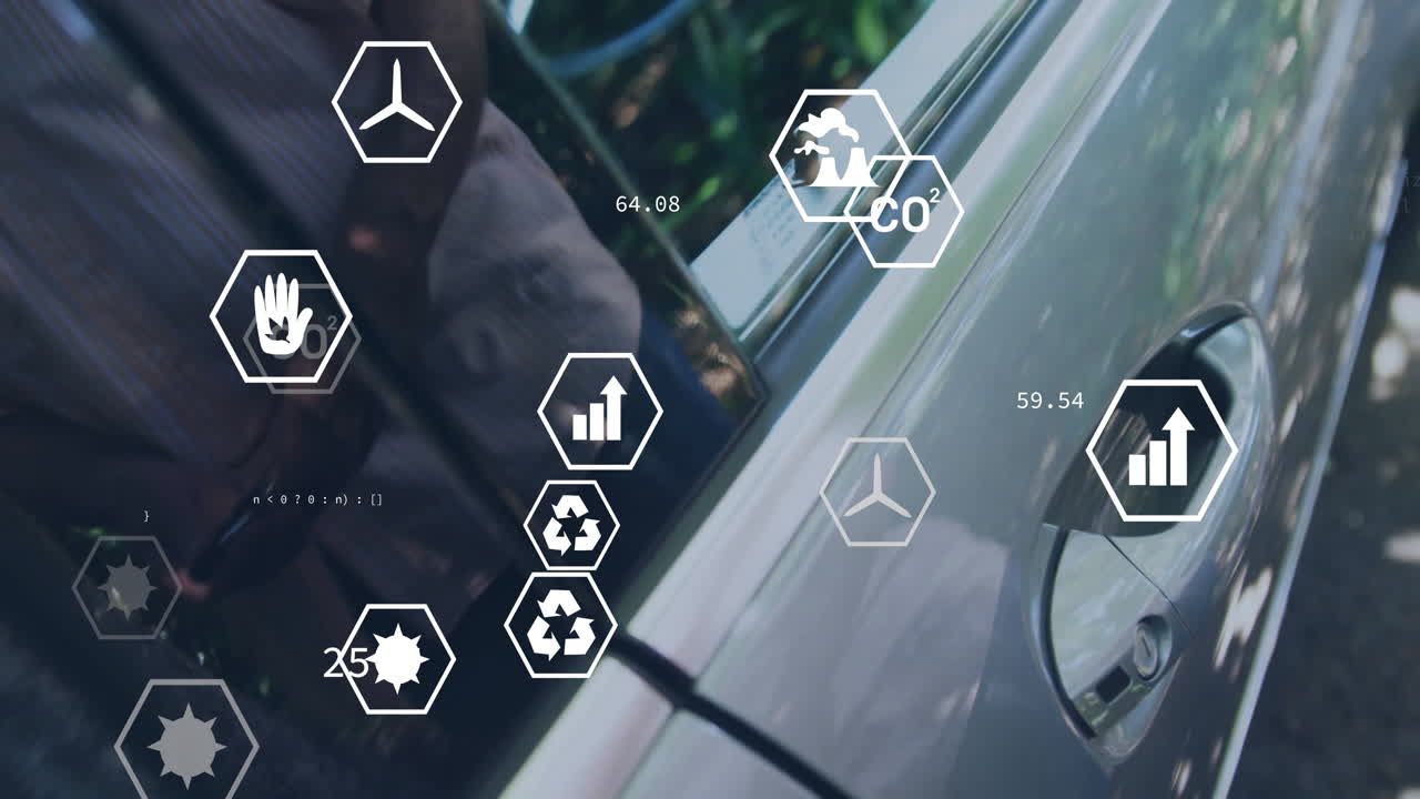 Opening car door, person with hexagonal icons and data showing environmental impact