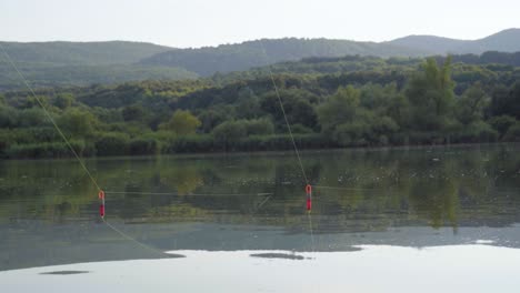 Líneas-De-Pesca-Suspendidas-Sobre-El-Lago-Cerca-De-Varbo,-Hungría