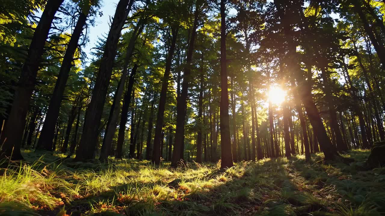Low-angle video capturing sunlight filtering through tall forest trees, casting long shadows