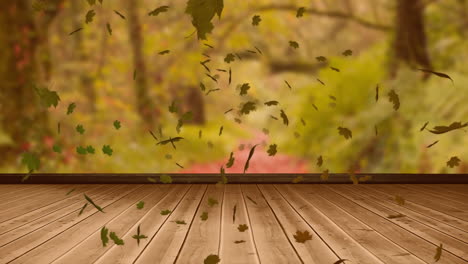 Animation-of-autumn-leaves-falling-over-trees-and-wooden-surface