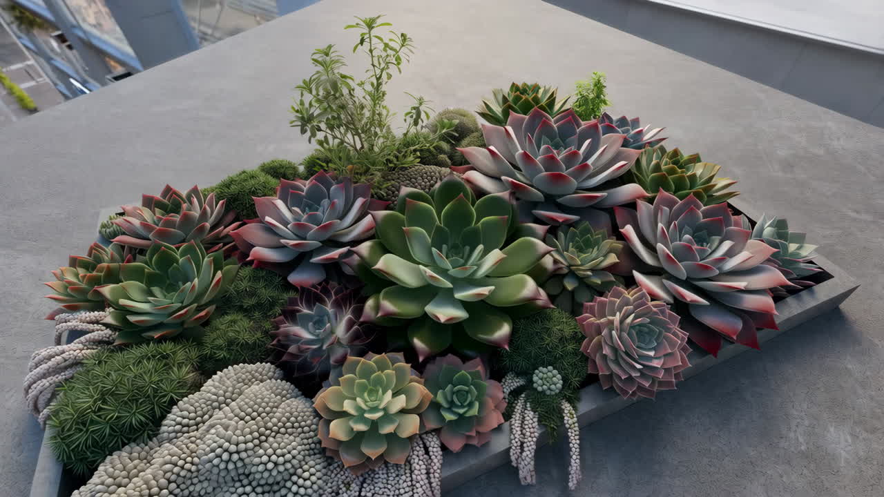 A collection of succulents in a large concrete planter