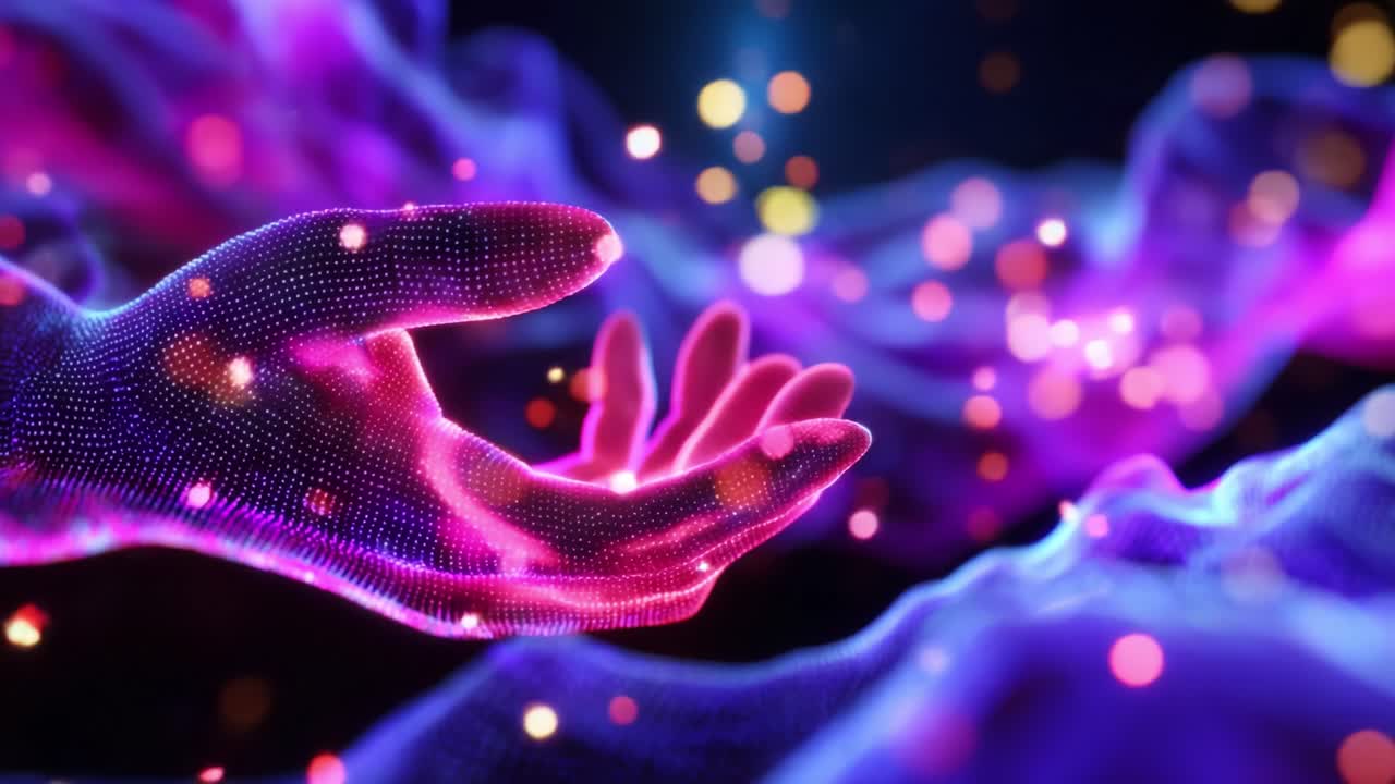 A mesmerizing digital representation of hands bathed in vibrant purple and pink hues, extending outward into a captivating array of glowing particles that evoke a sense of wonder and connection