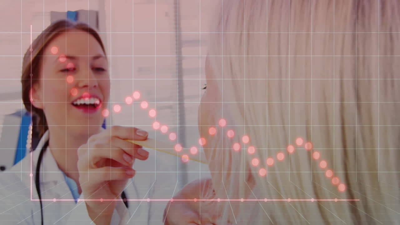 female doctor examining patient mouth with stethoscope, showing animated grid and red data overlay