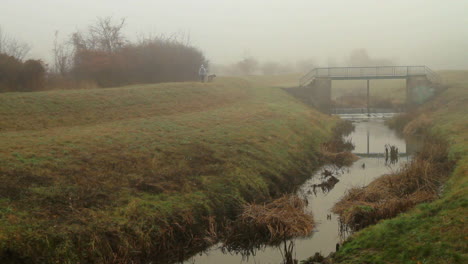 A-woman-is-seen-from-a-distance-walking-her-dog-in-a-city-park,-during-a-very-foggy-and-misty-morning