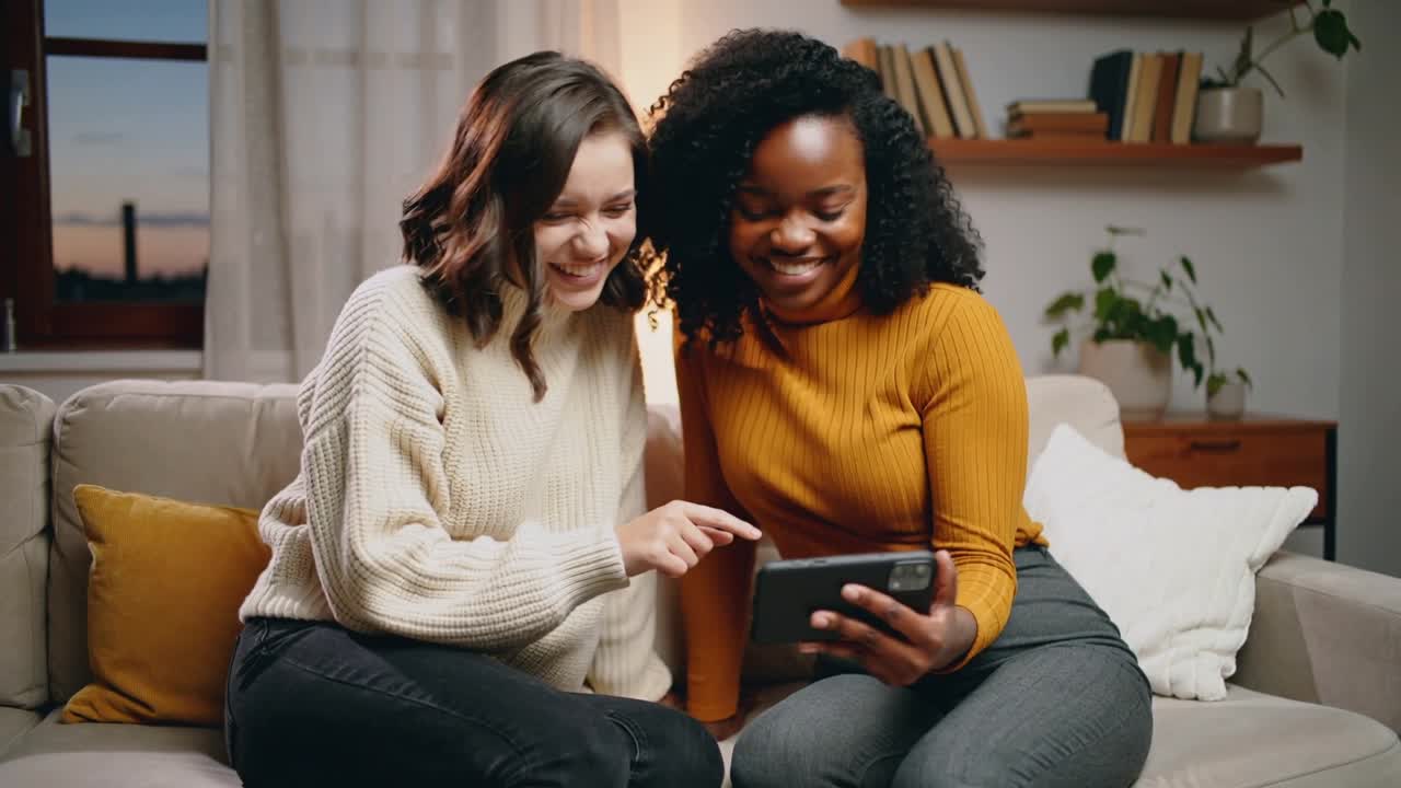 Tapping left woman viewing content as right woman holding phone on sofa, cream-knit and mustard-top