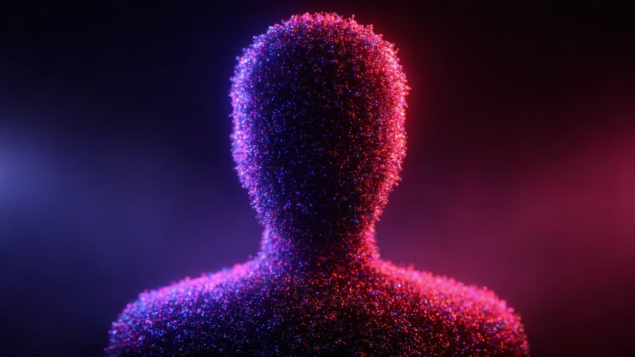 A vividly textured silhouette emanating colorful shimmering hues, representing an ethereal figure amidst a softly lit background, captivating in its surreal beauty and form