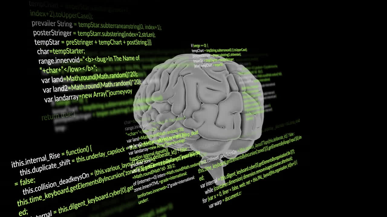 인공지능을 나타내는 녹색 코드 라인 애니메이션으로 된 인간 뇌 모델