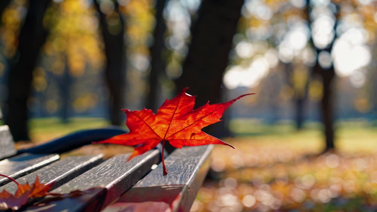 The video captures a serene autumn scene with a focus on a vibrant leaf on a bench, using a shallow