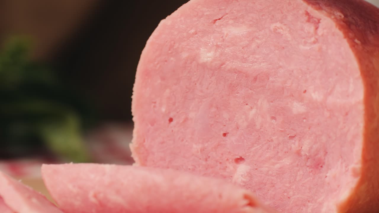 Ham italian mordatella, man Slices Of Traditional Italian antipasti mortadella sausage on a wooden cutting board, close up macro of chicken or turkey jamon, fat breakfast dish.