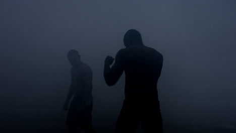 Siluetas-De-Boxeadores-Comenzando-A-Pelear-En-El-Ring-Oscuro.-Pelea-De-Boxeo.-Boxeadores-De-Entrenamiento