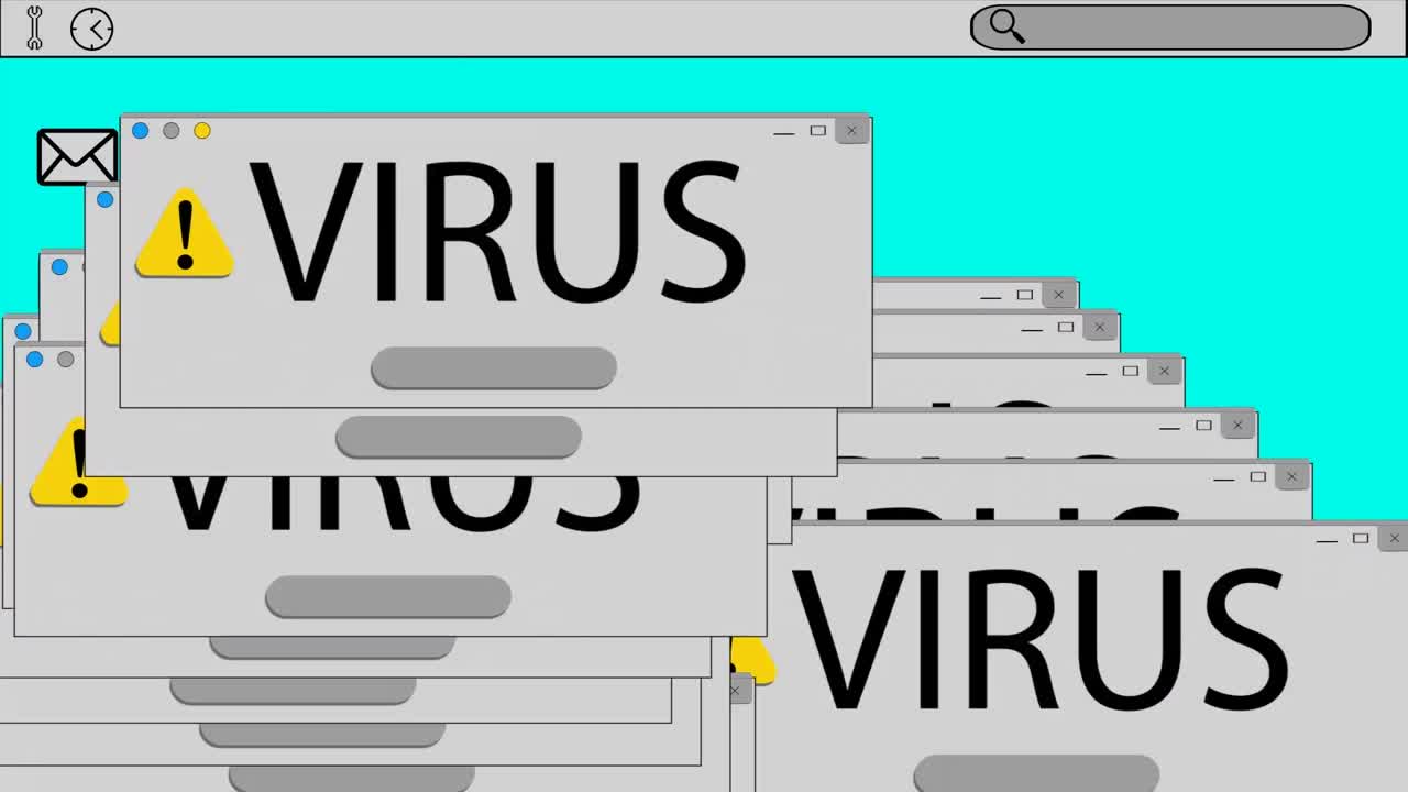 animación de iconos con texto omg en la pantalla de la computadora y texto de virus, símbolo de advertencia en el cuadro rectangular.