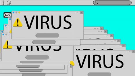 animación de iconos con texto omg en la pantalla de la computadora y texto de virus, símbolo de advertencia en el cuadro rectangular.