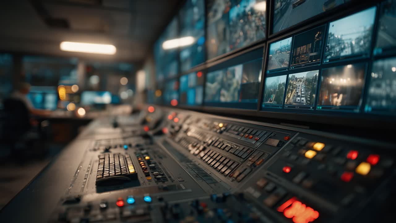 High-Tech Control Room with Advanced Monitoring Systems Showcasing Multiple Video Feeds and Modern Control Equipment for Effective Surveillance Operations